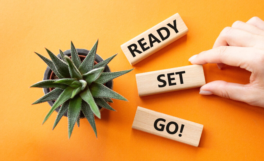 A top-down view shows a hand placing the middle wooden block of a "READY SET GO!" sequence on a bright orange surface next to a small potted Haworthia succulent.