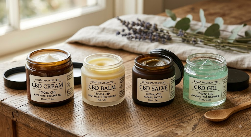 Different CBD topical formulations including cream, balm, salve, and gel